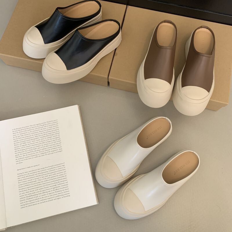 2024 New Mani Closed Toe Half Slippers Women's Outer Wear Thick-soled Heightened Lazy Slip-on Small White Slip-on Sandals Big Toe Shoes