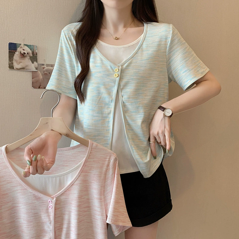 Женские дизайнерские рубашки больших размеров, имитация двухслойного кроя, лето 2025, универсальные, с коротким рукавом
