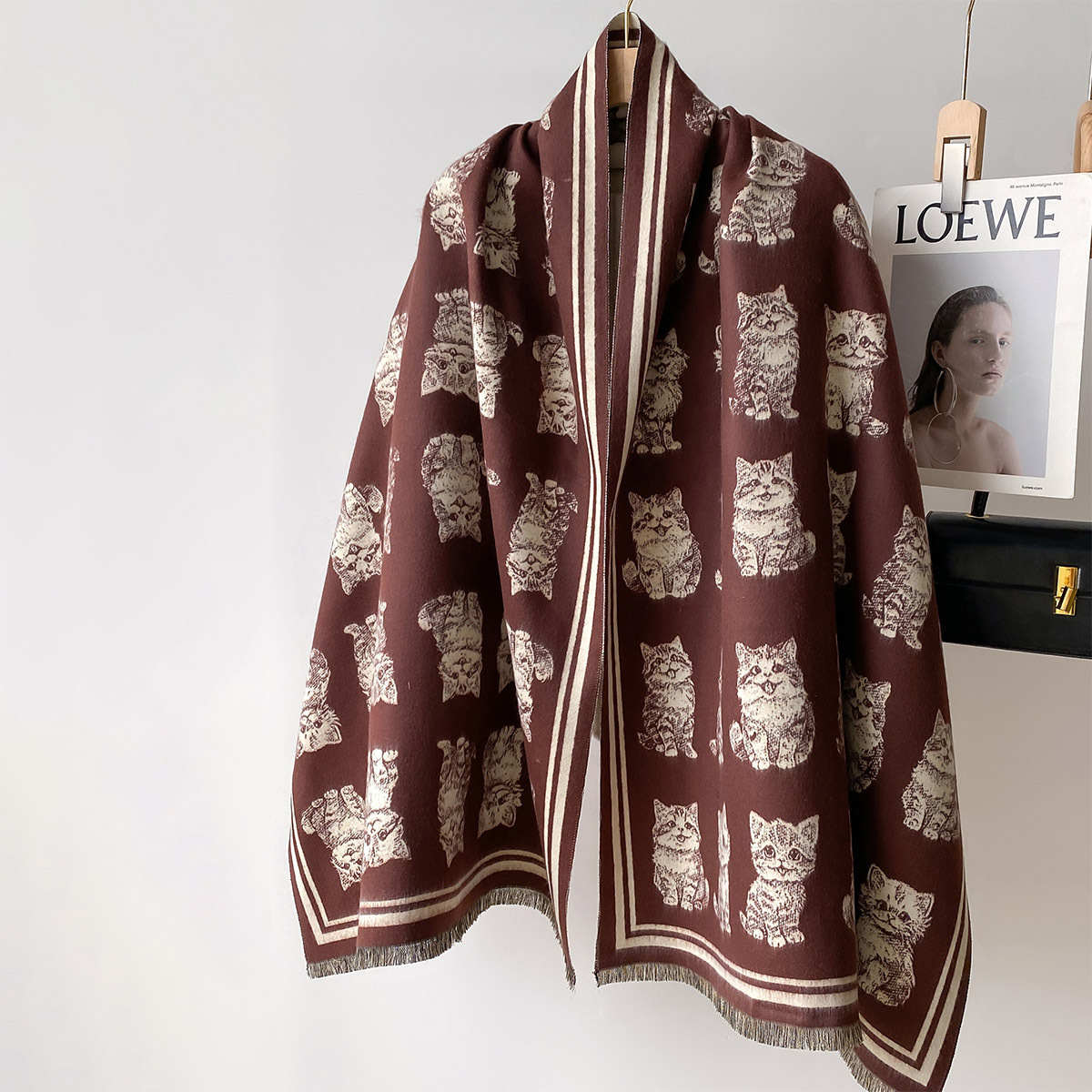 2024 nuevo japonés y coreanos encantadores gatitos impresión de doble cara bufandas de cachemira corta invierno gruesa bufandas cálidas para mujeres