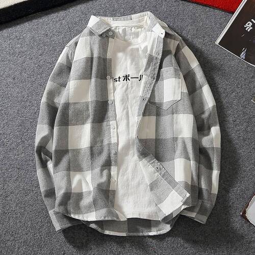 Men's Long-Sleeve Grid Shirt, Korean-Style Slim Fit, New Autumn Version, Hong Kong Style, Youth Student Original Host, Versatile Collarless Jacket