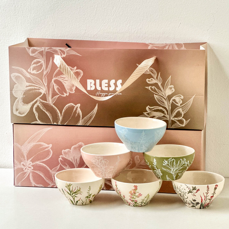 Spring and Summer Fresh Floral Ceramic Rice Bowl Small Bowl Set Exquisite Wedding Housewarming Gift Factory Wholesale