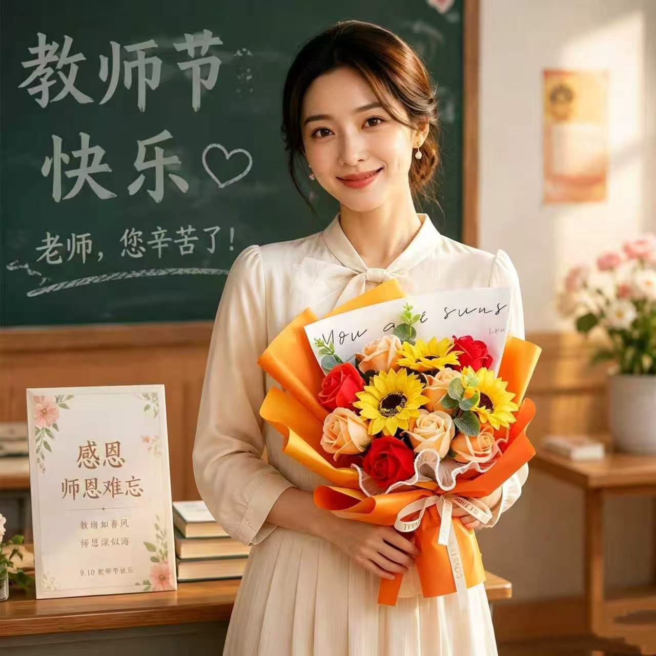向日葵花束教师节伴手礼玫瑰香皂花礼袋仿真花肥皂花厂家直供批发