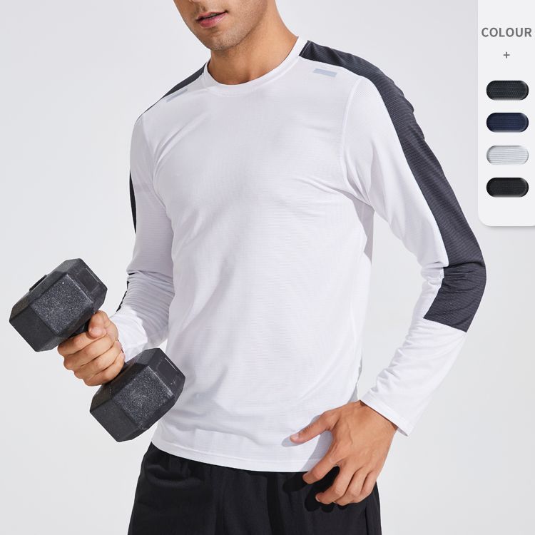 Nueva costura de secado rápido tira reflectante Camiseta larga cuello redondo de los hombres ciclismo deportes ocio fitness ropa transpirable de manga larga elástica alta