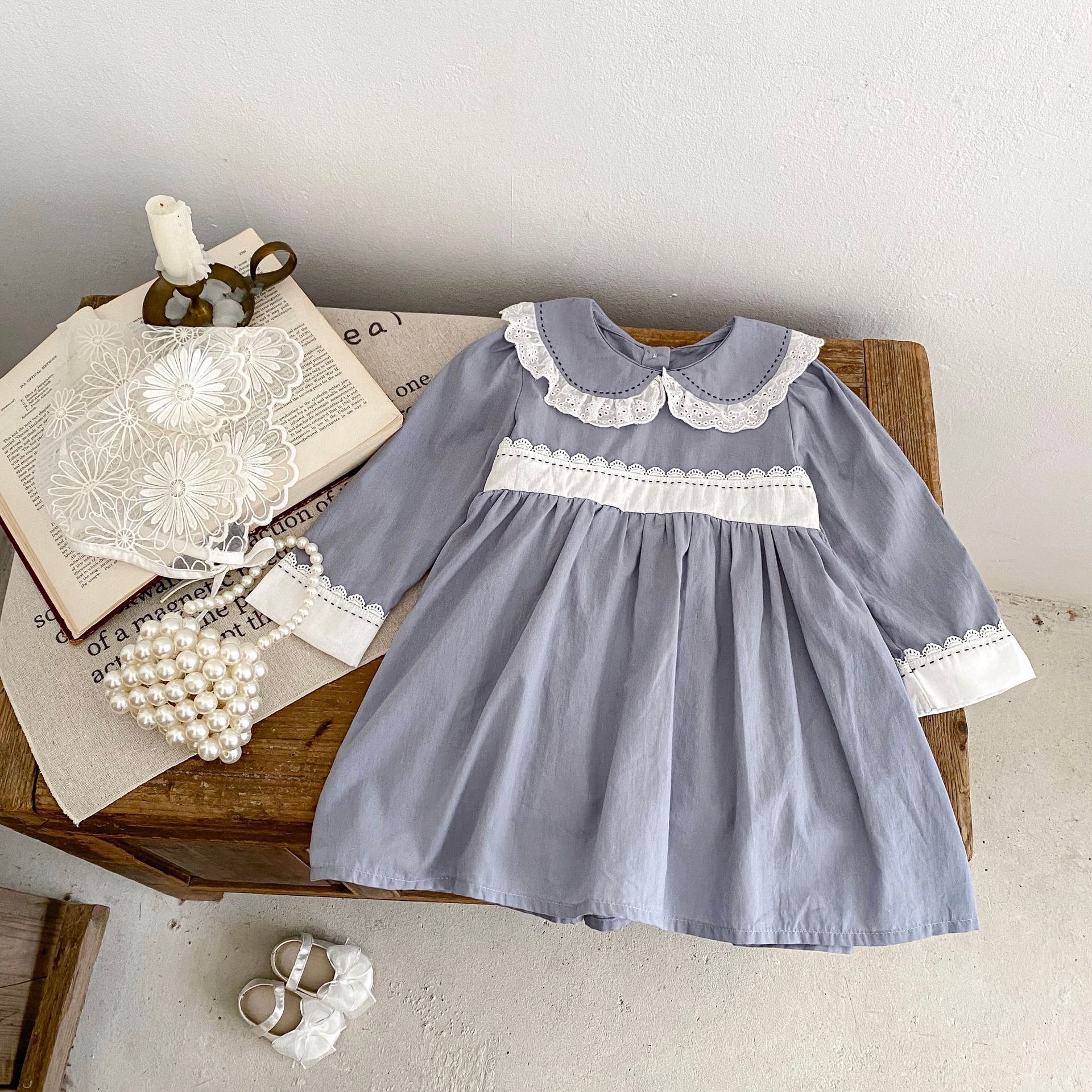 INS 2024 Herbst Baumwolle Klasse A Schwestern Mädchen Baby Spitze Puppe Hals Langarm Furz Gewickelt Romper + Rock_voghion.com