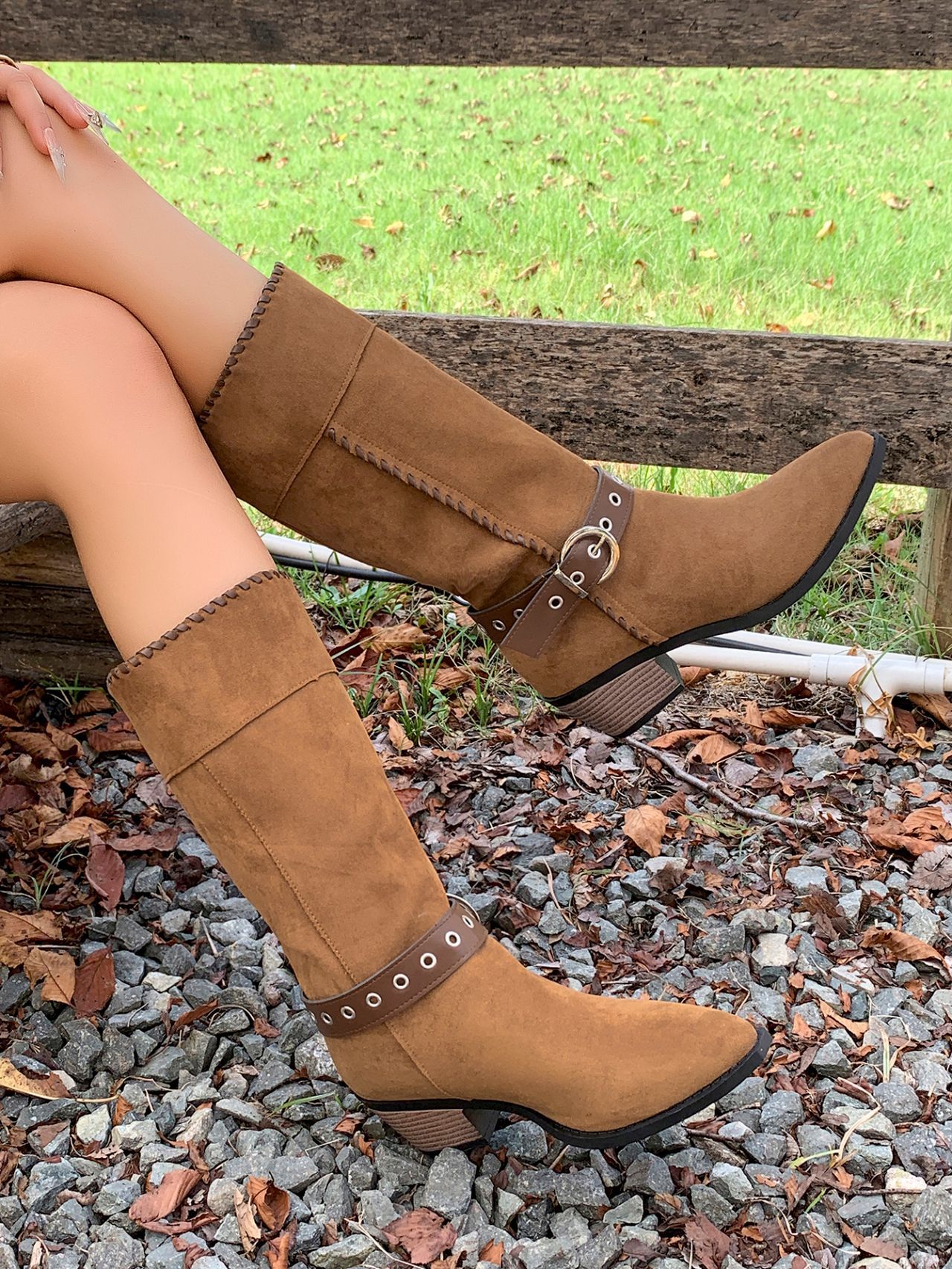 Women's Black Suede Cowboy Boots With Buckle Detail Mid Heel_voghion.com