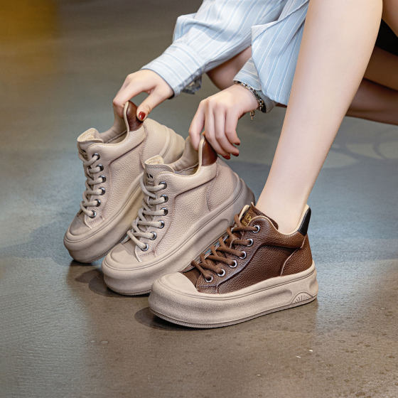 Vintage Genuine Leather Old Lace-up Small Dirty Shoes Women's 2024 Autumn and Winter New High-top All-match Sports Casual Flat Sneakers
