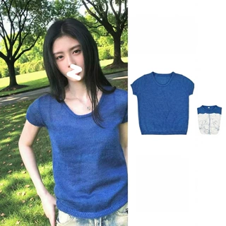 明星鞠婧祎同款蓝色U领短袖T恤针织衫女夏季薄款宽松显瘦微透上衣
