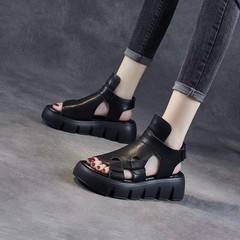 厚底涼鞋女2024夏季新款韓版小眾時尚百搭魚嘴鏤空魔術貼羅馬涼鞋