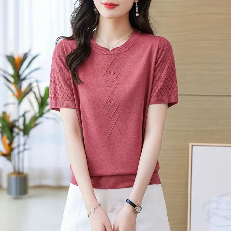 夏の新しい薄い中空セーター無地 Tシャツ女性のラウンドネックプルオーバー半袖トップ韓国スタイルルーズ Tシャツ|undefined