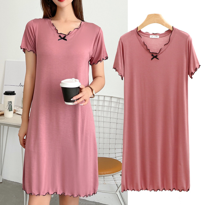 Modal dress women's summer thin short-sleeved A- line skirt mid-length Home casual skirt loose nightdress with wooden ears