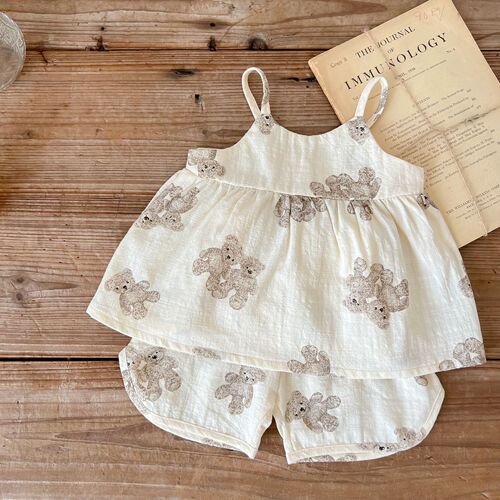 Baby summer dress printed bear strawberry sleeveless halter top shorts two-piece set cute baby summer suit