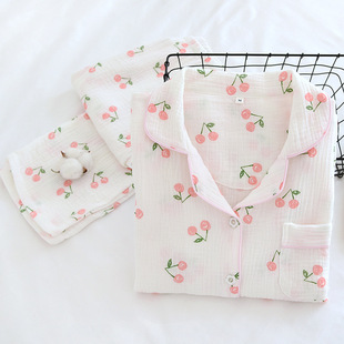 Japanese Style Girl's Cotton Double-layer Gauze Pajamas Set Spring and Summer Long-sleeved Thin Washed Crepe Loose Women's Home Clothes