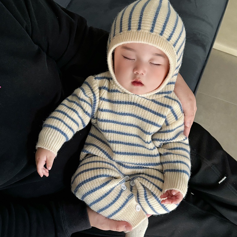 Korean Style Baby Jumpsuit Spring And Autumn Striped Sweater Warm