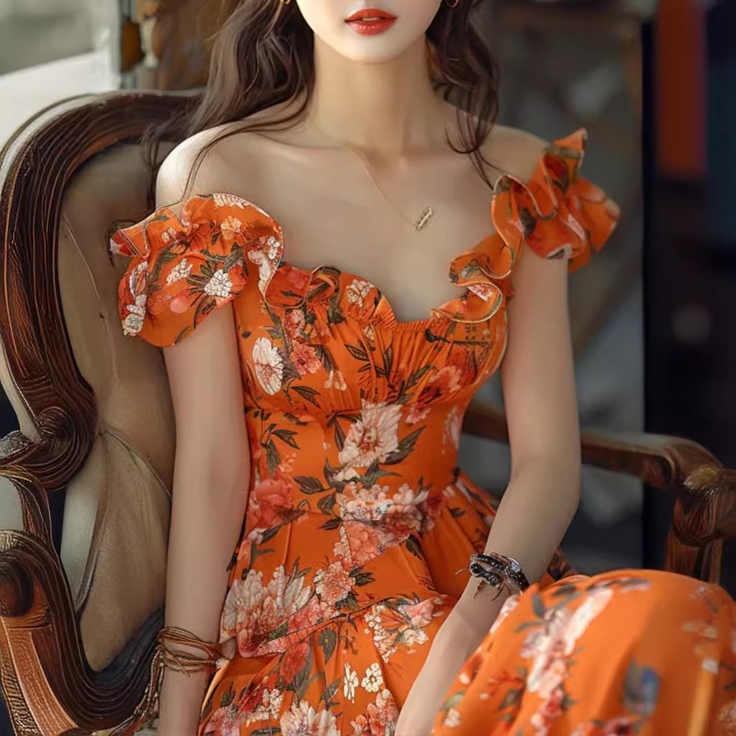 Váy trễ vai hoa nhí màu cam dáng maxi thắt eo phong cách Pháp — Màu cam