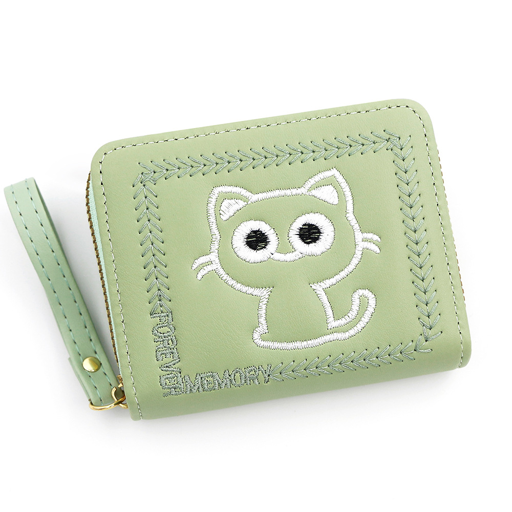 Nuevo bordado gatito damas cartera corta multi-tarjeta billetera de cambio con cremallera cartera de tarjetas de mano al por mayor