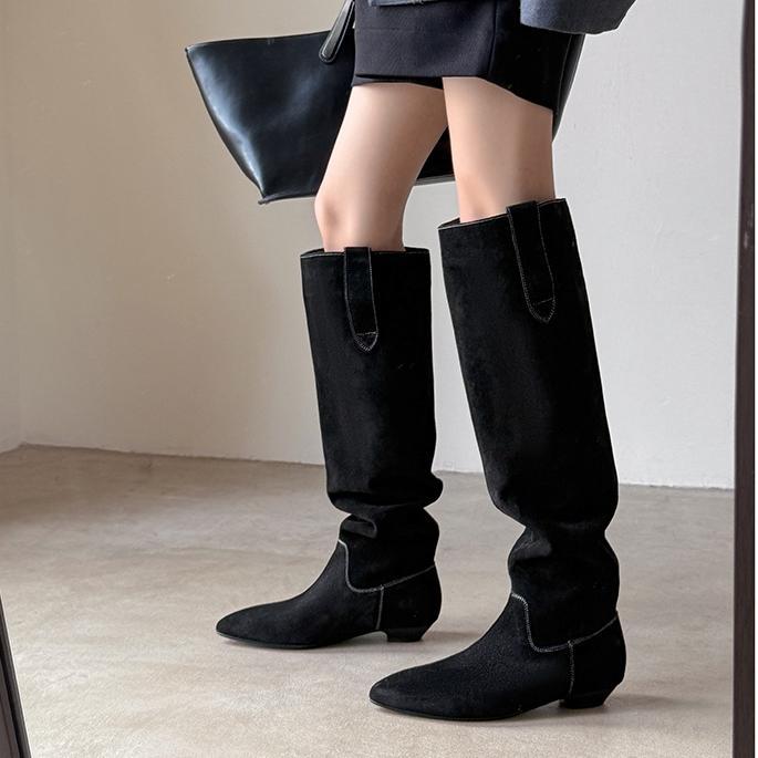 Boot nữ cổ thấp mũi nhọn gót thấp ống xếp ly chất da lộn — màu đen, màu xám, màu mơ