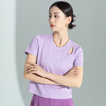 醋酸天丝梦幻紫夏季新款个性肩部镂空短袖修身显瘦设计感甜酷T恤