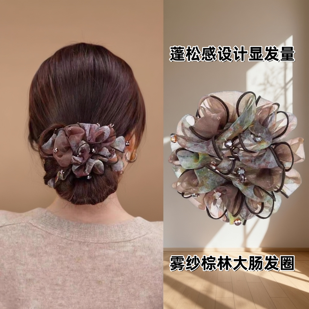 复古轻奢新款雾纱棕林大肠发圈女扎头头绳显发量蓬松头花发饰