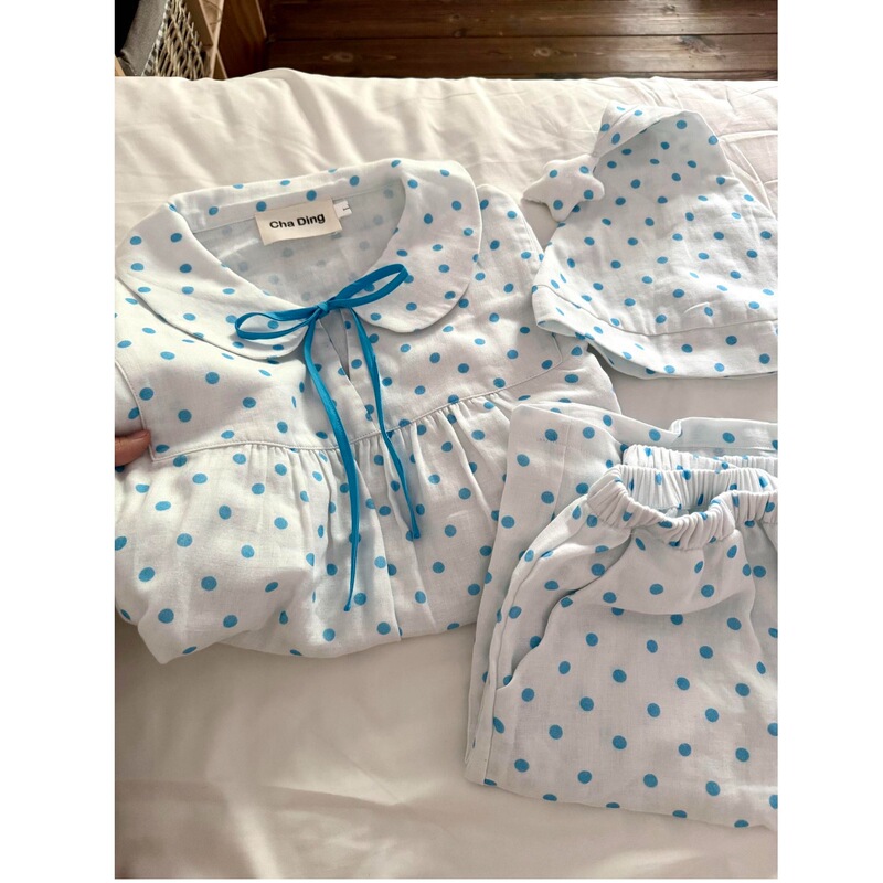 New polka dot pajamas with a nightcap for women, summer sweet doll collar, can be worn outside, home wear set New polka dot pajamas with a nightcap for women, summer sweet doll collar, can be worn outside, home wear set