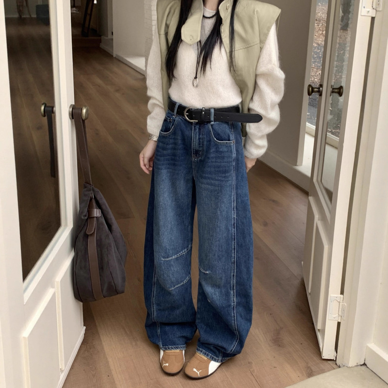 Custom Retro Blue Scimitar Jeans for Women 2025 Autumn New Bf Deconstructed Slim Loose Slimming Long Pants