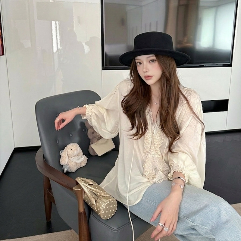 Beloved Private Collection Shenzhen Nanyou Casual Loose Lace Chiffon Shirt 26 Spring V-Neck French Style Vintage Shirt Beloved Private Collection Shenzhen Nanyou Casual Loose Lace Chiffon Shirt 26 Spring V-Neck French Style Vintage Shirt