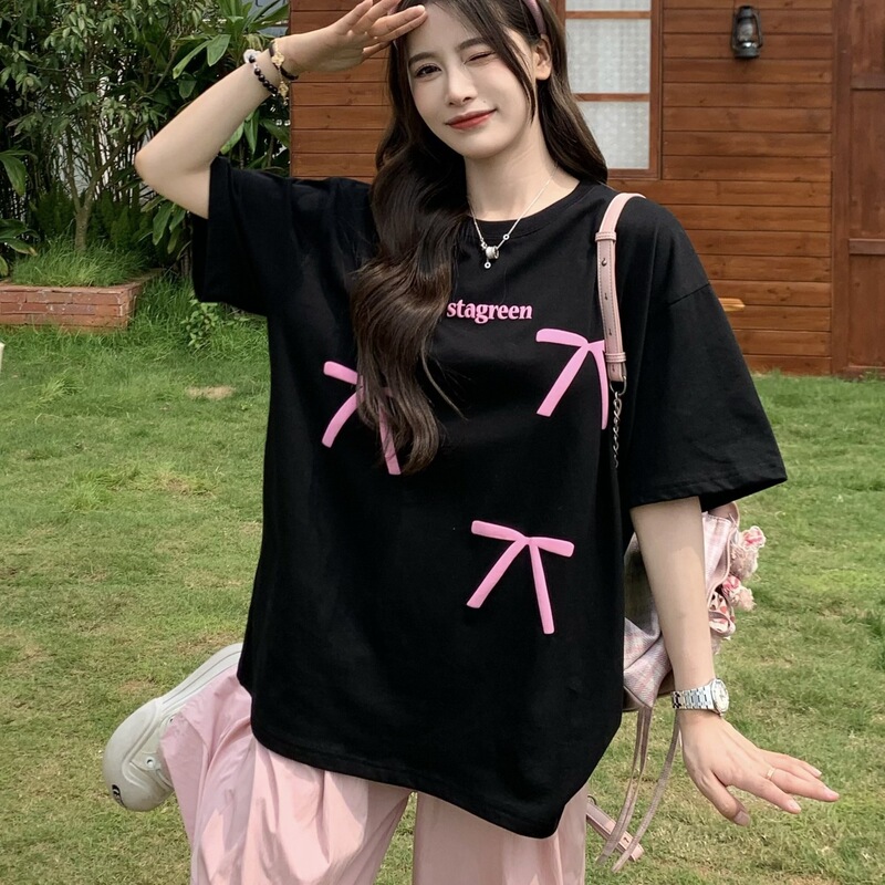 Ins Korean Style Cotton Loose Fit Plus Size Slimming Bow Letter Print Short Sleeve T-Shirt Women's Top Trendy Wholesale