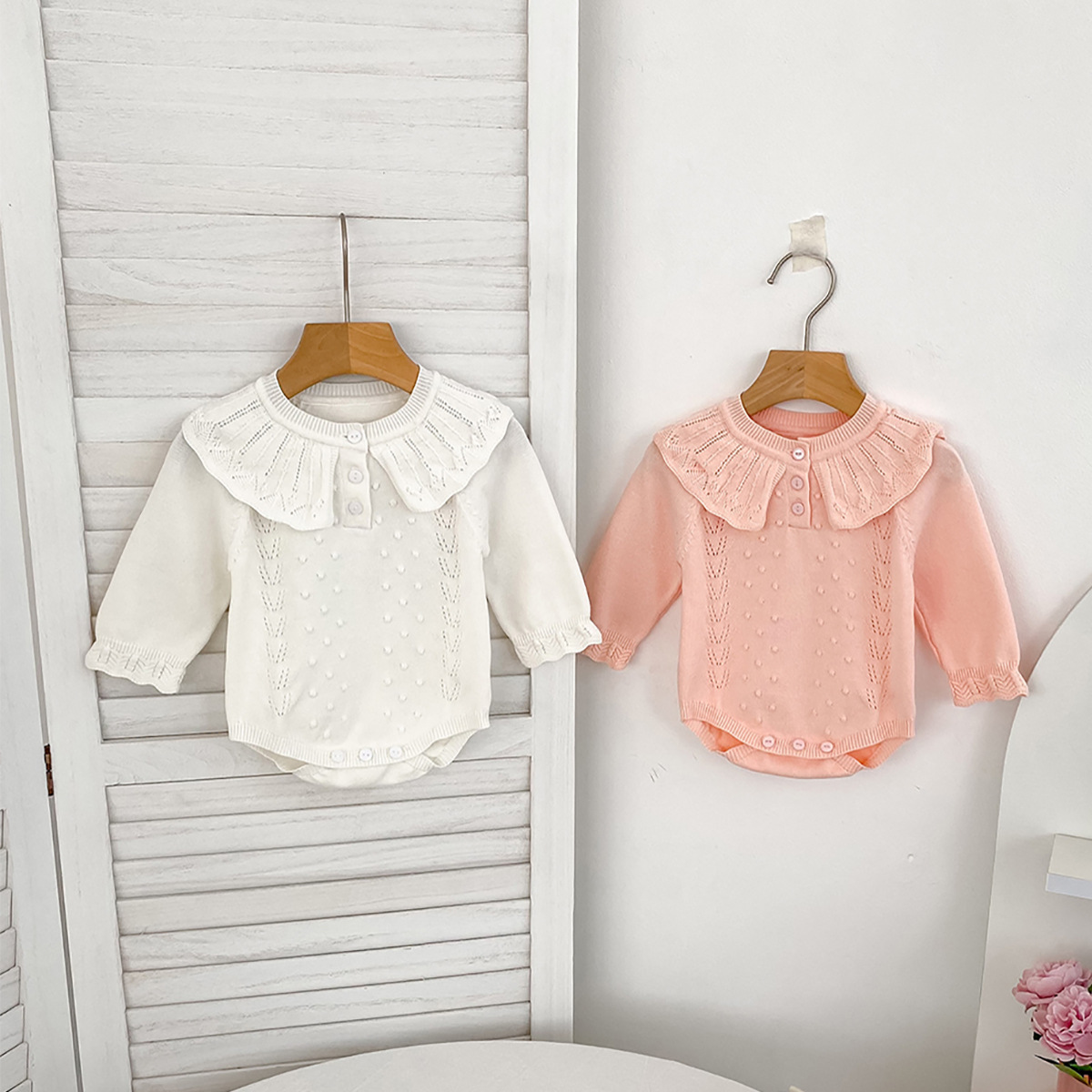 Baby Girl's Knitted Hakkha Coat Lotus Collar Climbing Suit Women's Baochun Long-Sleeved Lace Half-Placket Triangle Jompsuit