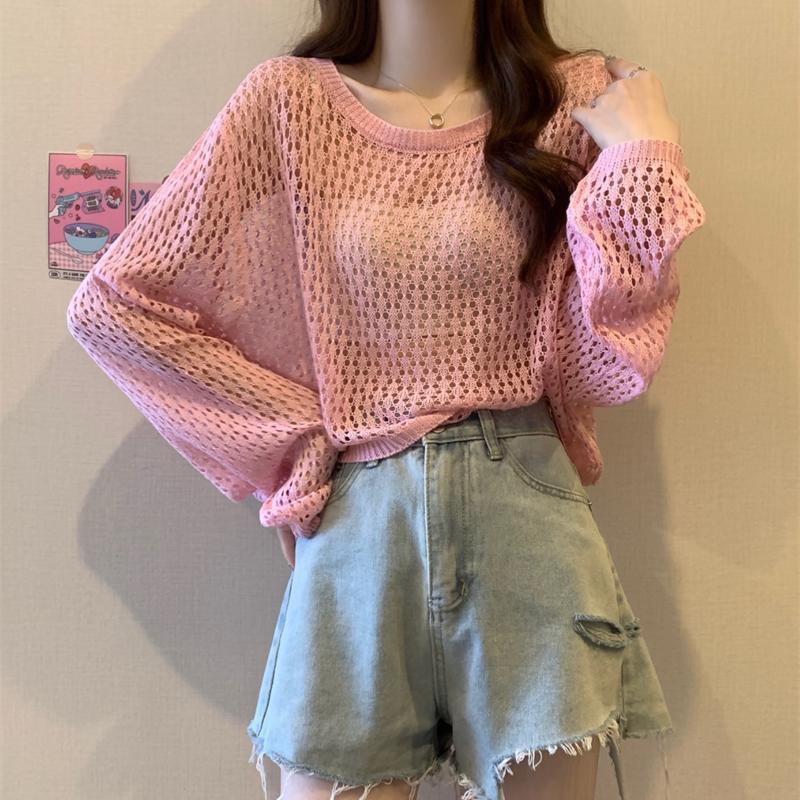 女性用の西洋風長袖中空ショートトップ、夏のドーパミン薄い日焼け止めブラウス、ウエスト付きシャツ、Tシャツ、セーター|undefined