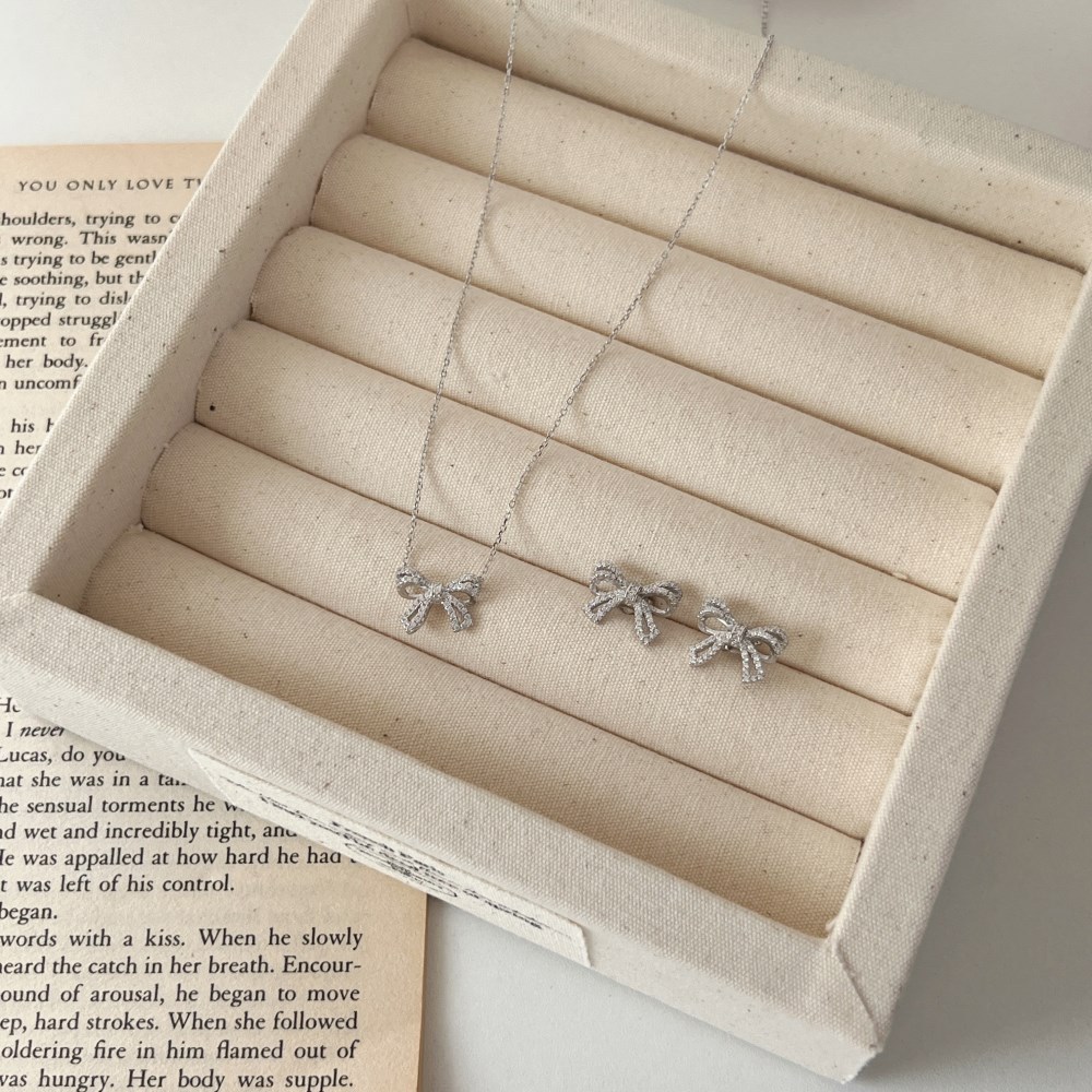 4g Weight Zircon Inlay Material Earrings, Necklace Classification Earrings + Necklace Quantity Holiday, Daily Occasion 925 Sterling Silver Material Bow Knot Pattern Women's Gender Plating, Inlay Design Elegant, Streetwear Style 925 Sterling Silver Zircon Plating Inlay Bow Knot Earrings Necklace 12
