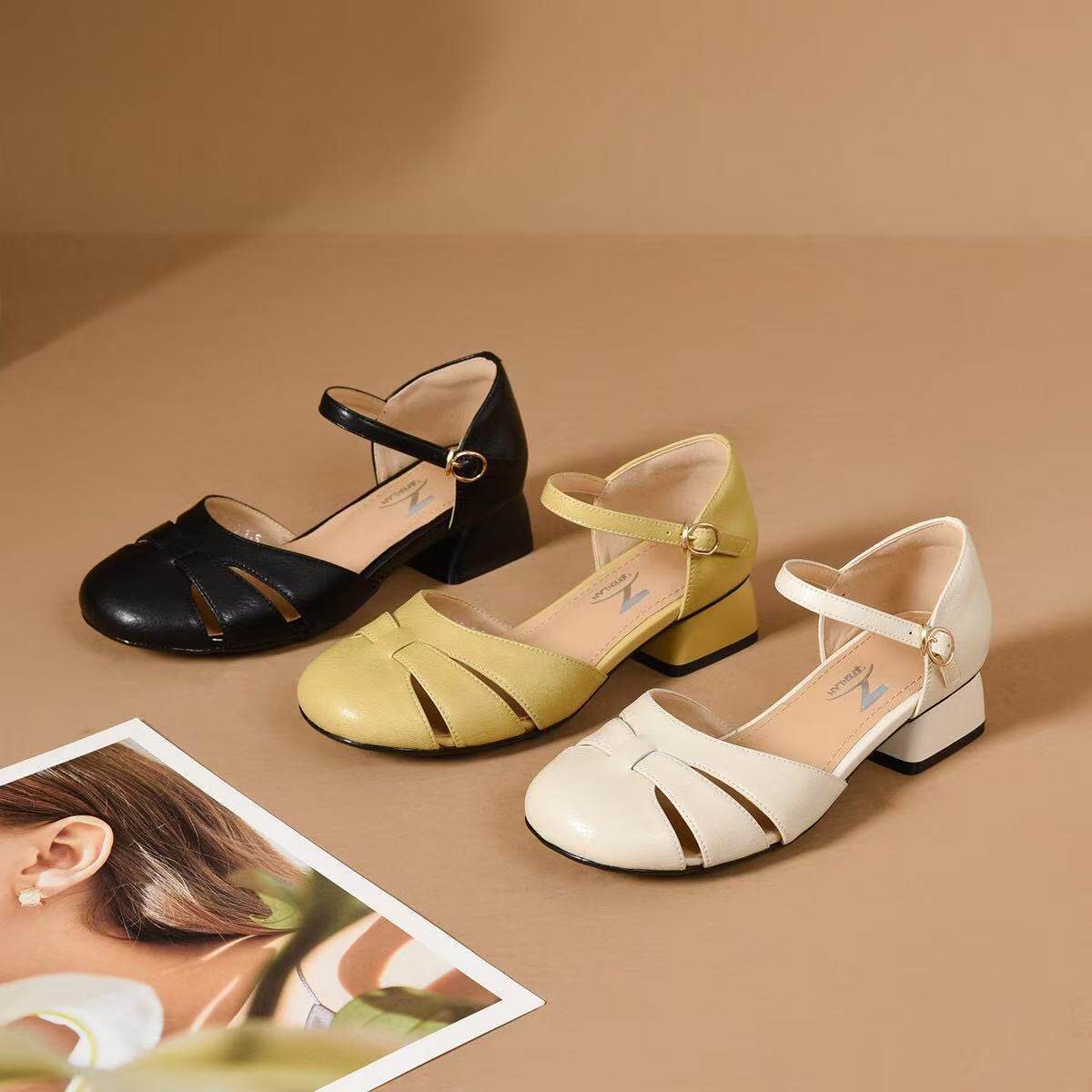 Sandal nữ da thật mũi kín gót thấp đế mềm phong cách cơ bản — màu đen chi tiết 9