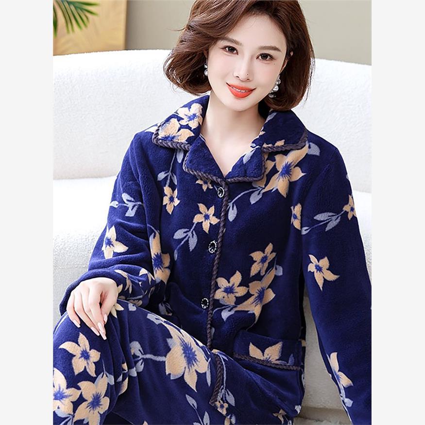 严选睡衣女秋冬中老年加厚套装妈妈奶奶保暖长袖春秋婆婆珊瑚绒法