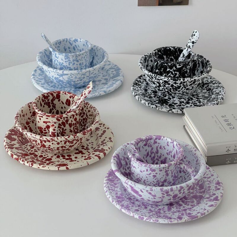 Vintage Enamel Splash-Ink Tableware Korean Ins-Style Breakfast Bread Plate Yogurt Cereal Bowl Mug Cup and Saucer Set