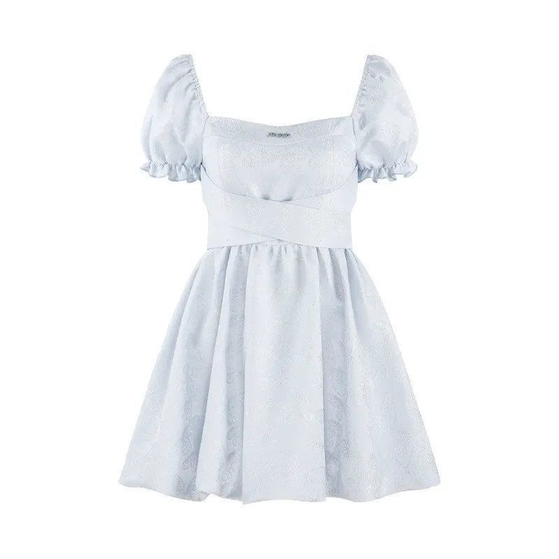 ジャカードブルーフレンチスクエアネックドレス女性の夏の新しいスタイルのパフスリーブ甘いプリンセスフラワースカート|undefined