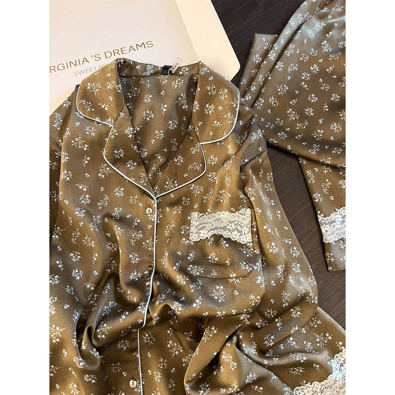 法式蕾丝边碎花冰丝睡衣女款2025新款大码长袖长裤休闲家居服套装|undefined