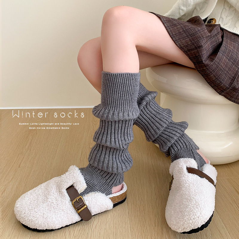 Scaldamuscoli Bootshang in cotone, autunno e inverno, calzini da donna in cashmere, spessi e caldi, in pile lavorato a maglia, a righe verticali grigie, al polpaccio_voghion.com