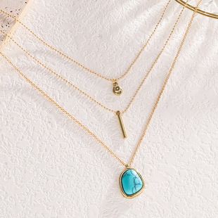 Reiki Jewelry European and American Cross-Border Fashion New Product Lasso Gold Edge Turquoise Pendant Necklace Women's Multi-Layer Versatile Necklace