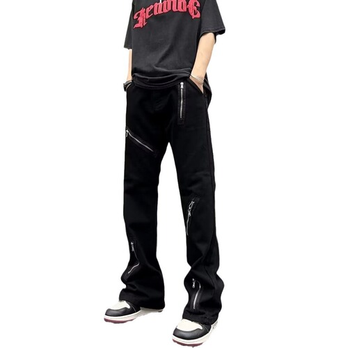 High-end street-style American vibe zipper indie denim jeans for men, trendy brand bell-bottoms with a high-waist and wide-leg design