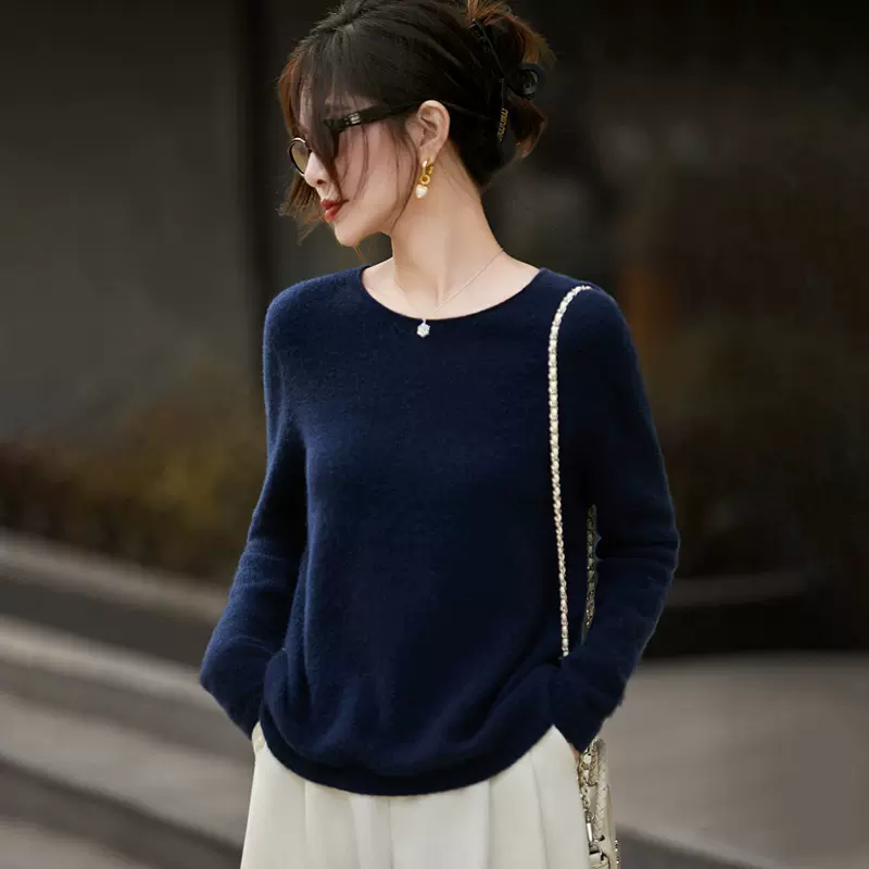 秋冬无缝圆领卷边打底衫女慵懒风套头软糯毛衣纯色长袖100%羊毛衫