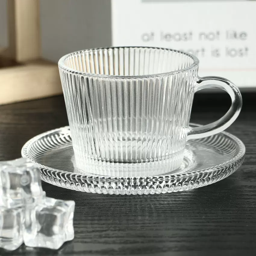 红茶杯咖啡玻璃杯套装六杯六碟跨境竖纹浮雕花纹咖啡杯红茶杯