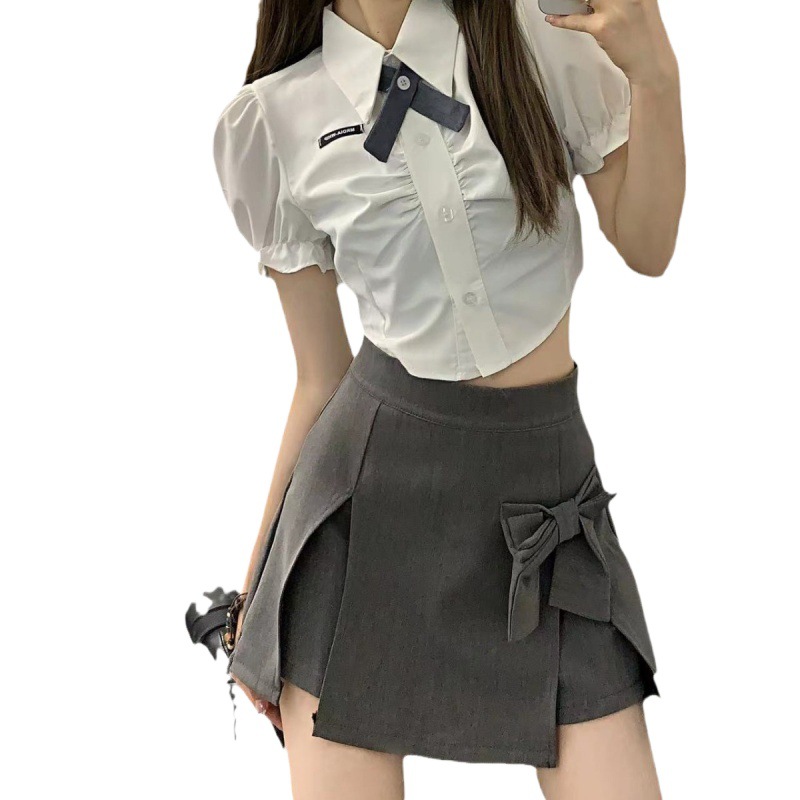 2024 리얼 샷 스파이스 걸스 JK 세트 여름 학교 여자 짧은 소매 셔츠 활 짧은 치마 투피스 세트 순수한 욕망