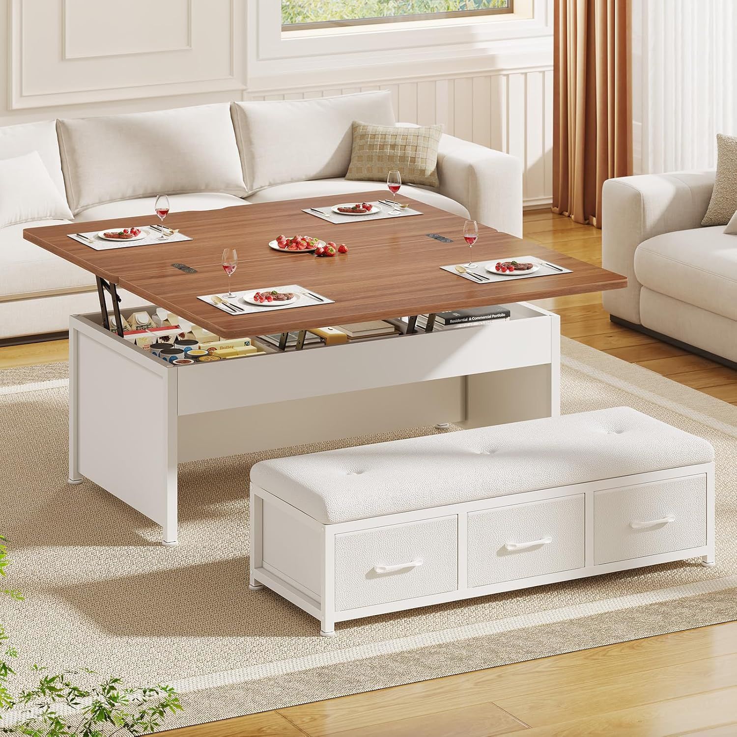 Multifunctional Adjustable Coffee Table for Small Apartments, Living Room Storage Coffee Table, Dual-Purpose Dining Table with Storage Stool, Simple Home Tea Table