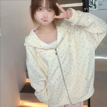甜美碎花满印连帽卫衣女春秋宽松慵懒风拉链开衫秋冬薄款外套