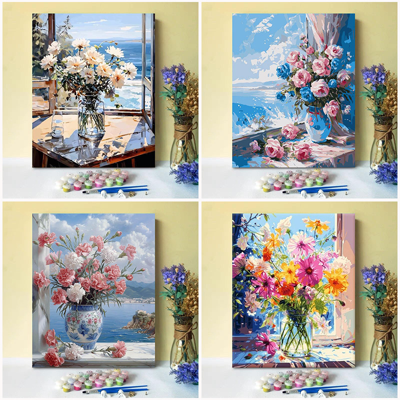 跨境数字油画diy海边鲜花风景填色装饰画厂家批发外贸亚马逊代发