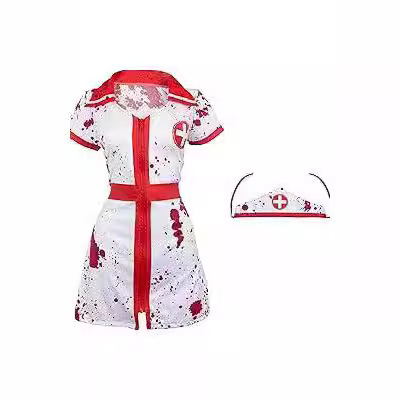 [with Hat] Summer New Dress Halloween cos Blood Stain Nurse Dress Skirt Slimming Look Versatile Skirt