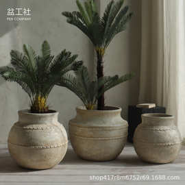 侘寂风复古大花瓶客厅落地茶室氛围布置水泥花盆商场装饰陶罐组合