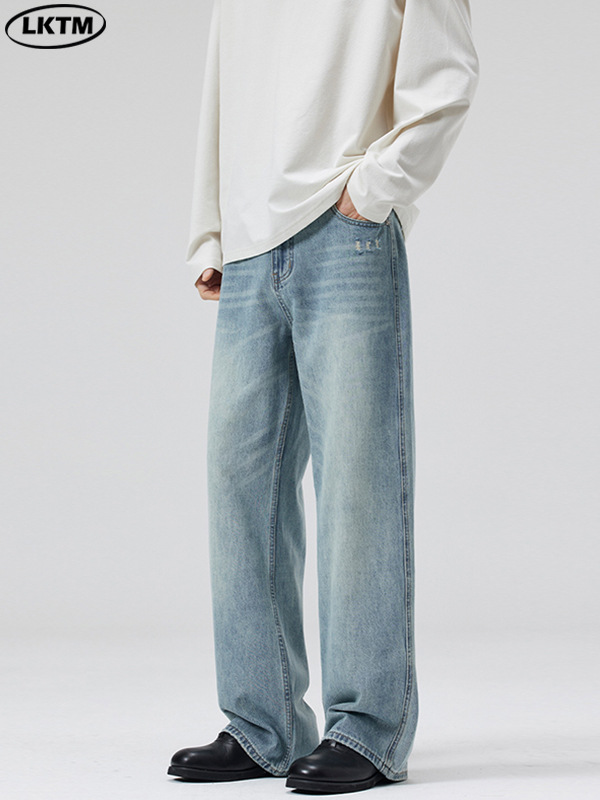 LKTM Men's Wear # Jeans de barba de gato lavados azul claro de primavera y verano para hombres y mujeres pantalones rectos sueltos de moda