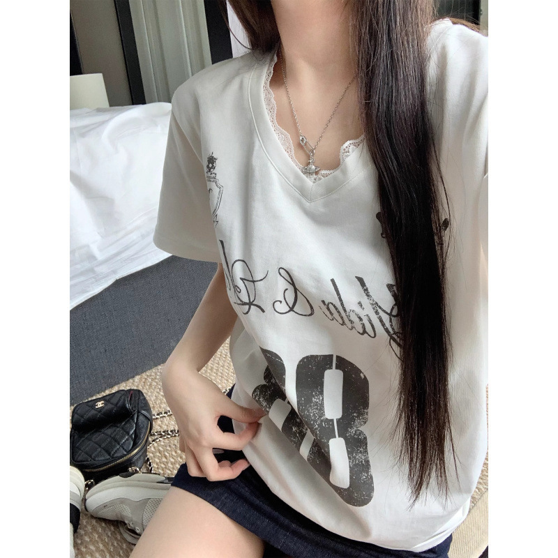 美式白色短袖t恤女V领蕾丝也有印花夏季宽松复古显瘦慵懒设计感上|undefined