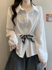 Polo领长袖打底白衬衫女秋新款大码胖mm显瘦收腰系带蝴蝶结上衣