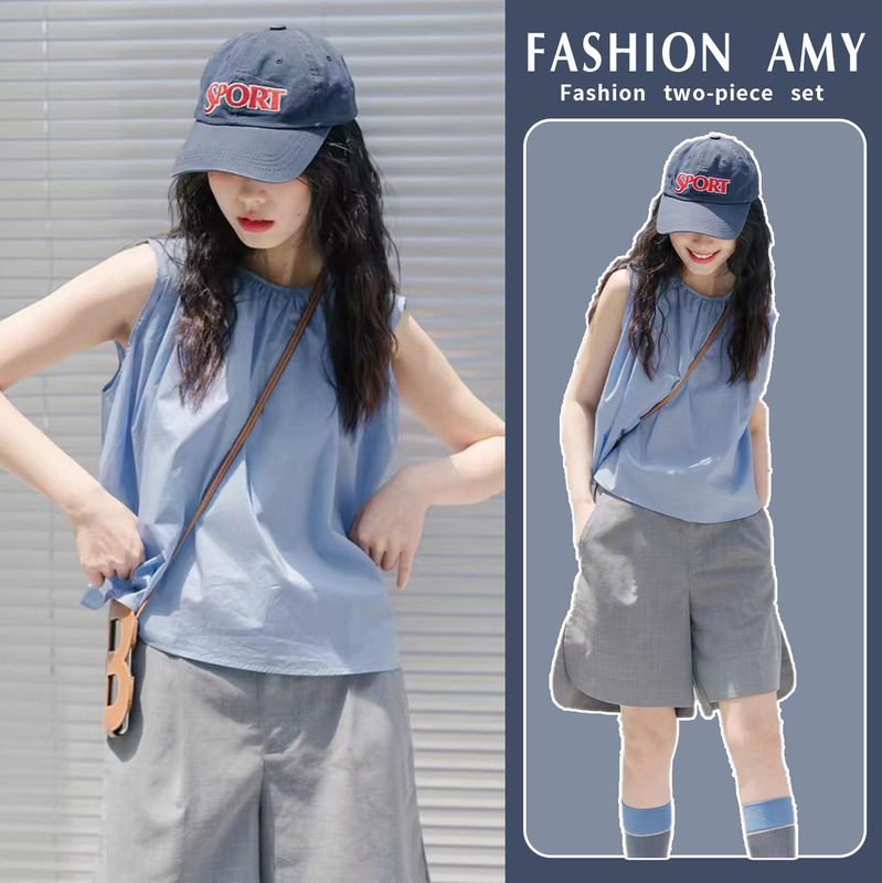 in stock Pregnant Women's Blue Sleeveless Top Casual Shorts Two-Piece Hong Kong-Style Small Man Salty Sweet Age-Reducing suit in stock Pregnant Women's Blue Sleeveless Top Casual Shorts Two-Piece Hong Kong-Style Small Man Salty Sweet Age-Reducing suit
