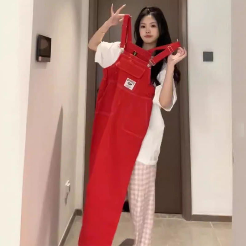 2026 American Retro Hot Girl Red Denim Overalls for Women, New Spring and Autumn Straight Wide-Leg Suspenders Pants Trendy 2026 American Retro Hot Girl Red Denim Overalls for Women, New Spring and Autumn Straight Wide-Leg Suspenders Pants Trendy